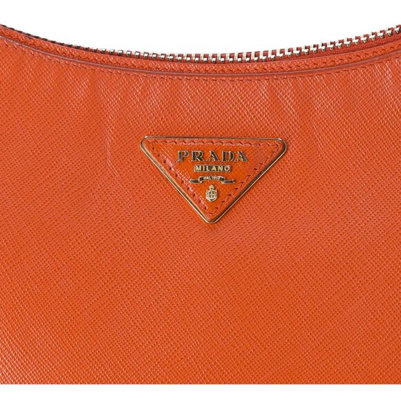 PRADA Triangle Logo Shoulder Bag Hobo Orange Saffiano Leather - Picture 3 of 10